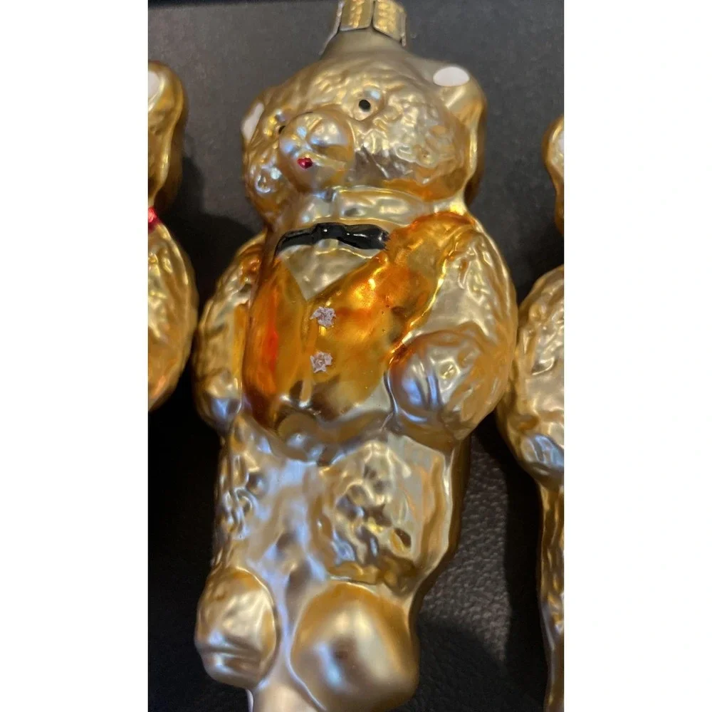 Vintage Mercury Glass‎ 4 Golden Teddy Bear Christmas Ornament Gold Red Vest Bow